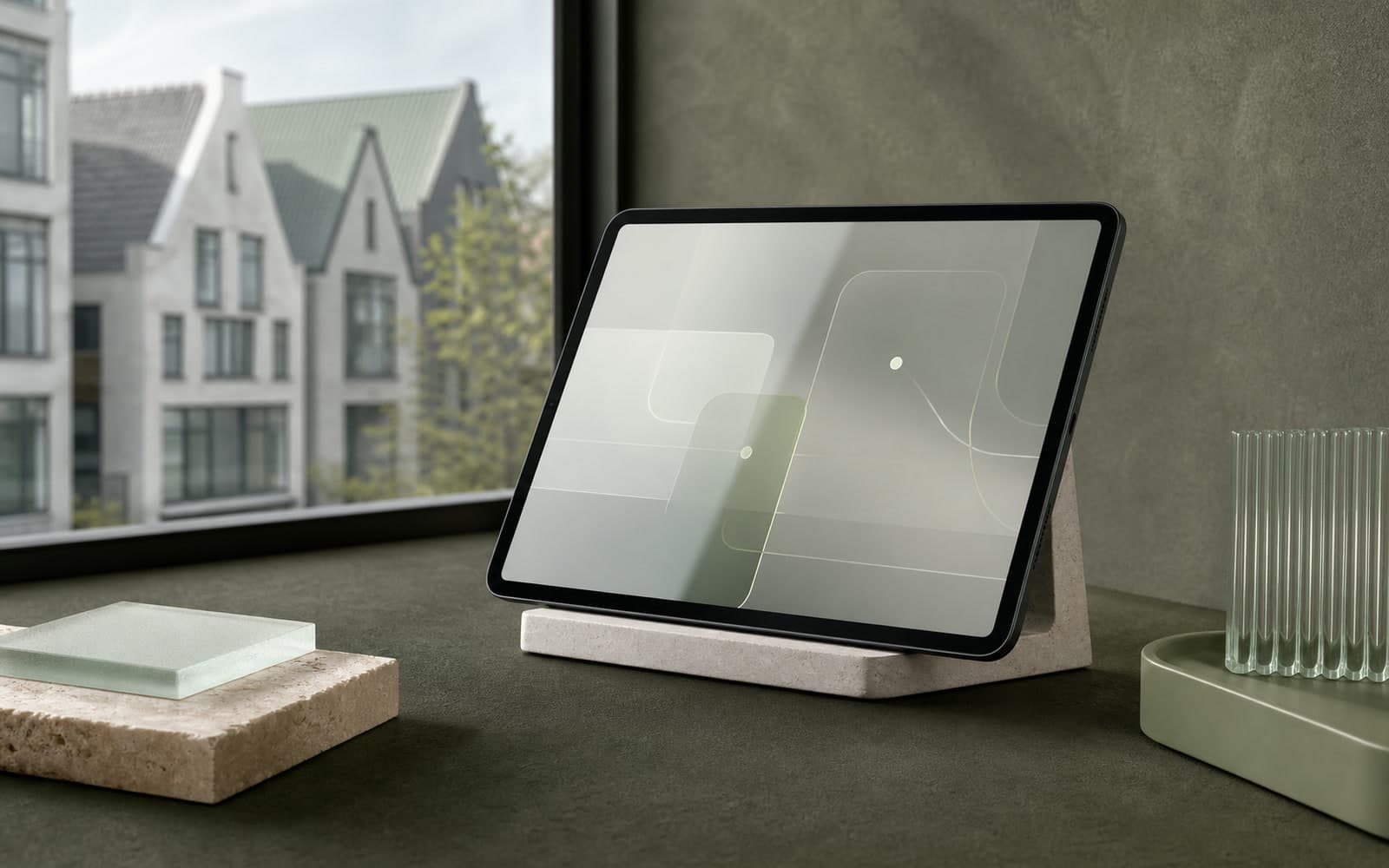 Tablet in een rustige werkruimte met Nederlandse woningen op de achtergrond